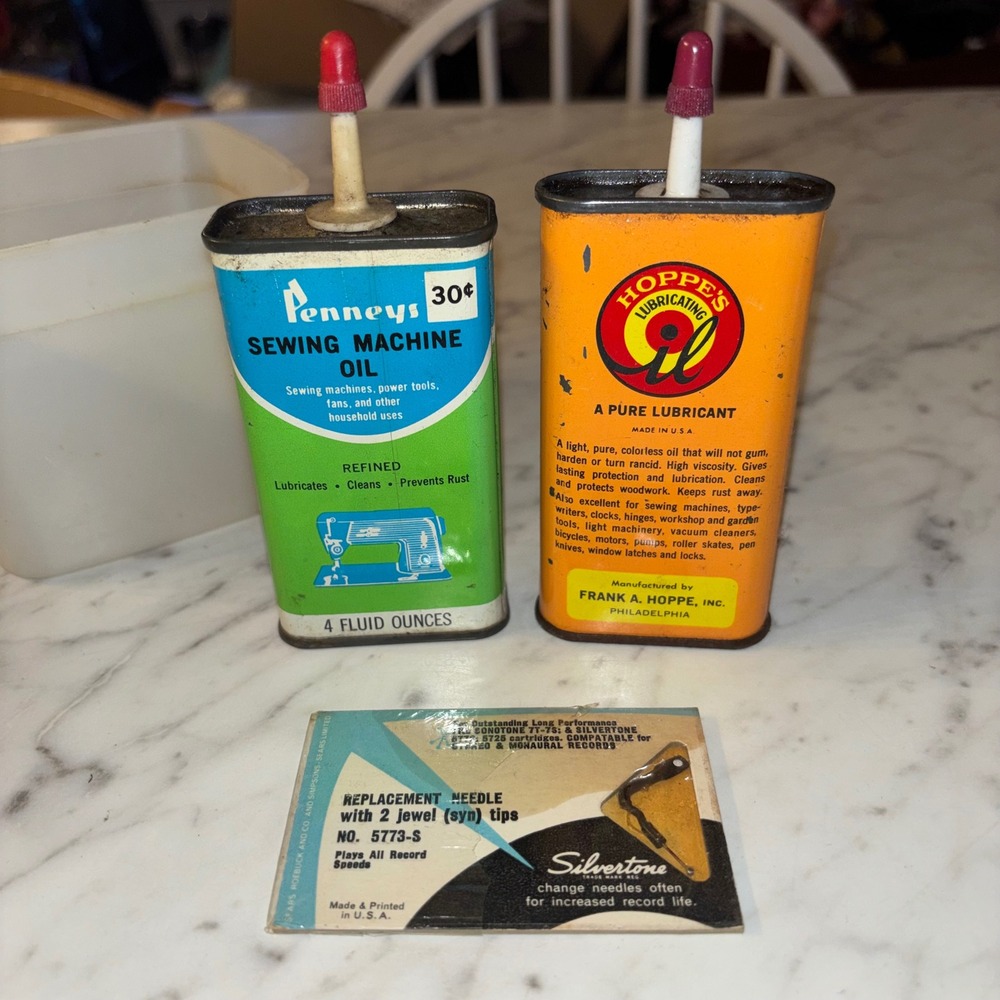 Vintage Penneys Sewing Machine Oil Hoppe's Lubricant Tins Silvertone Needle Lot